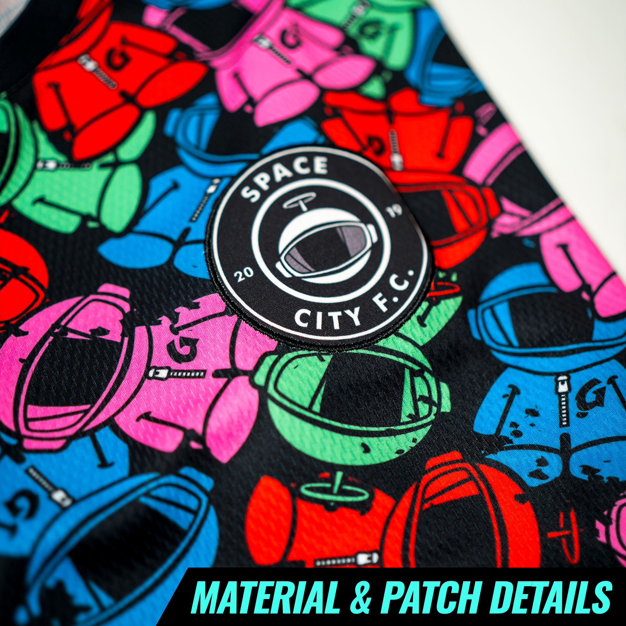 Glaxon el classico jersey, front facing, mesh material, soccer jersey, slightly oversized fit, patch and material details