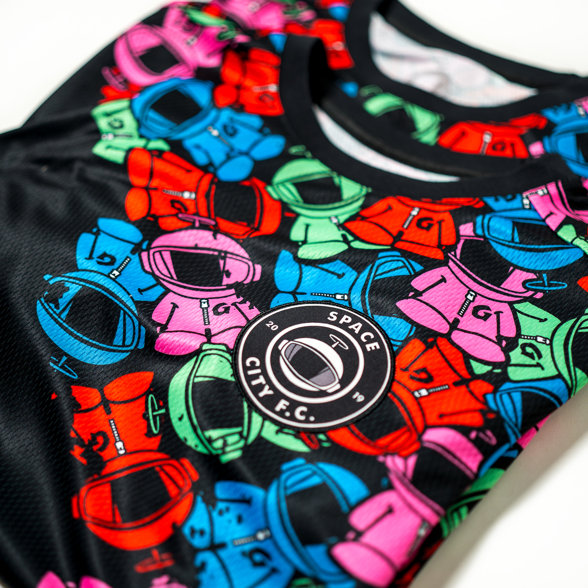 Glaxon el classico jersey, front facing, mesh material, soccer jersey, slightly oversized fit, patch details